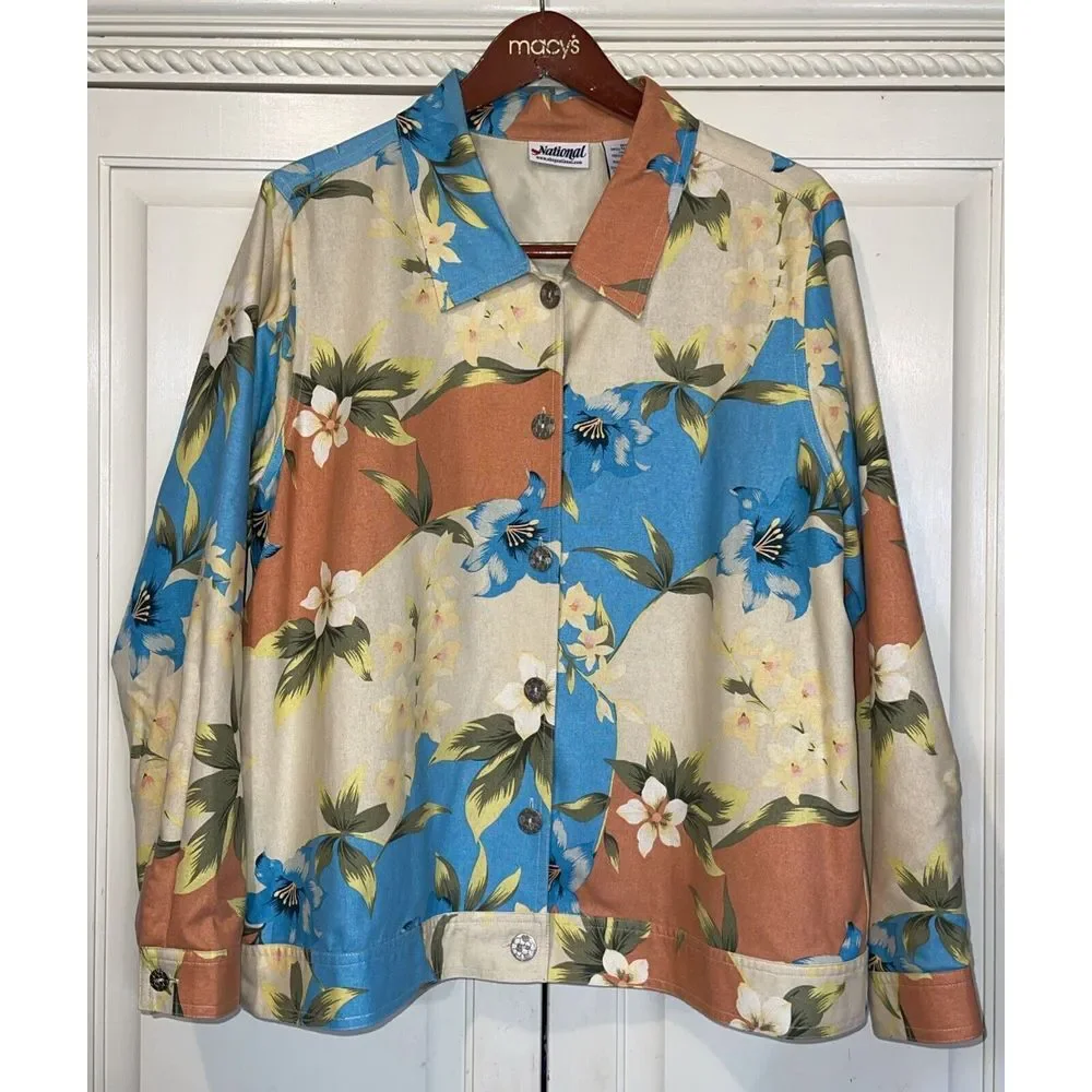 National‎ Jacket Women 1X Hawaiian Floral Tropical 100% Silk Lightweight Lined